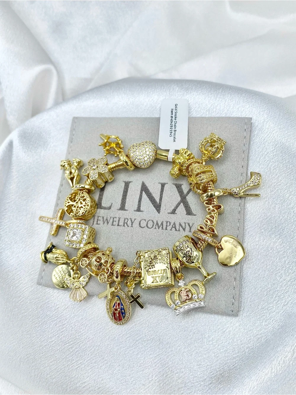Linx Gold Snake Chain Charm Bracelet with Religious Quinceanera Themed Charms